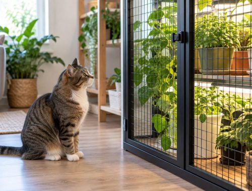 Gato frente a una zona de plantas protegida por una barrera segura