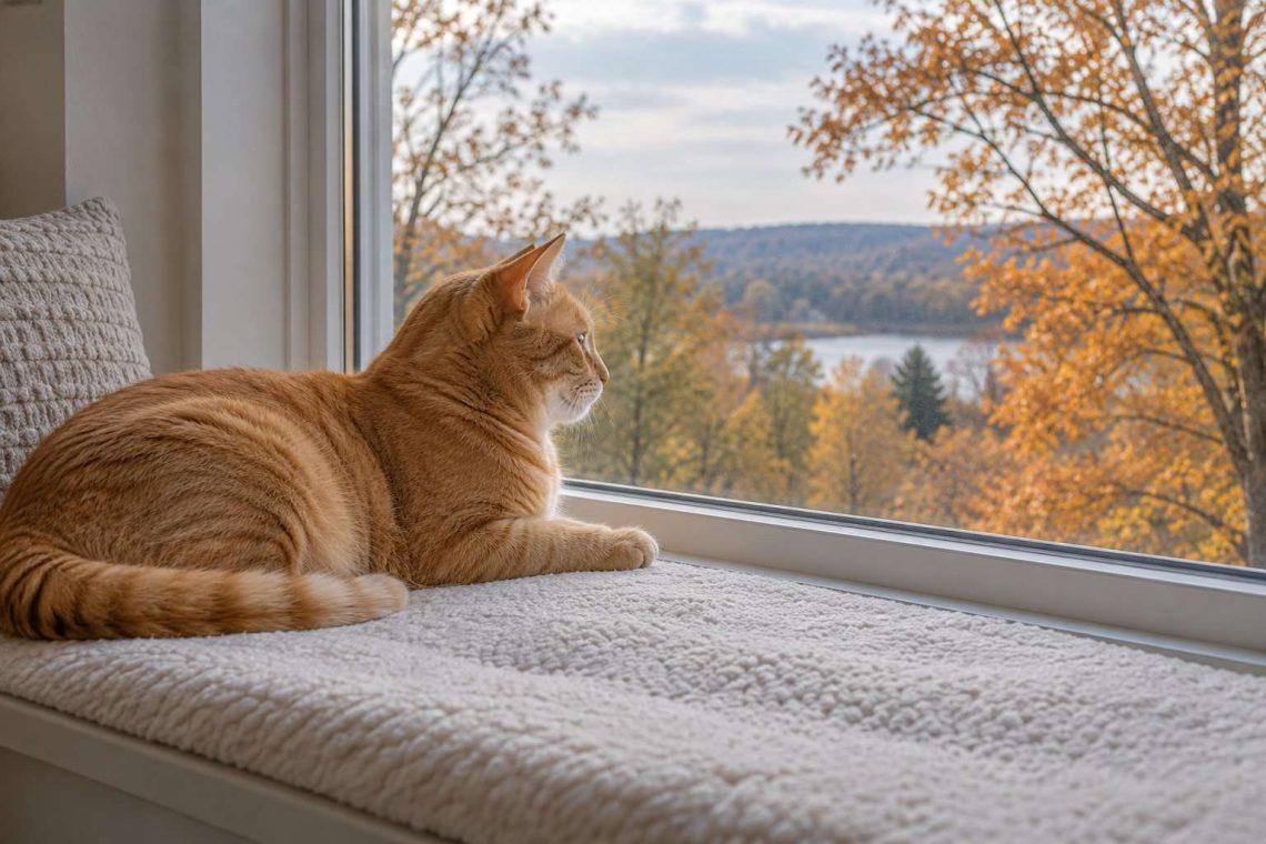 Gato naranja recostado en un apoyo acolchado frente a una ventana cerrada con árboles al otro lado.